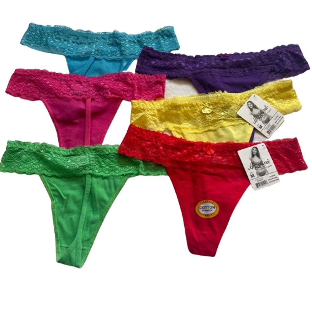 Angelina Lace Waist Color Variations Cotton Thong G-String Panties 6-Pack Bundle